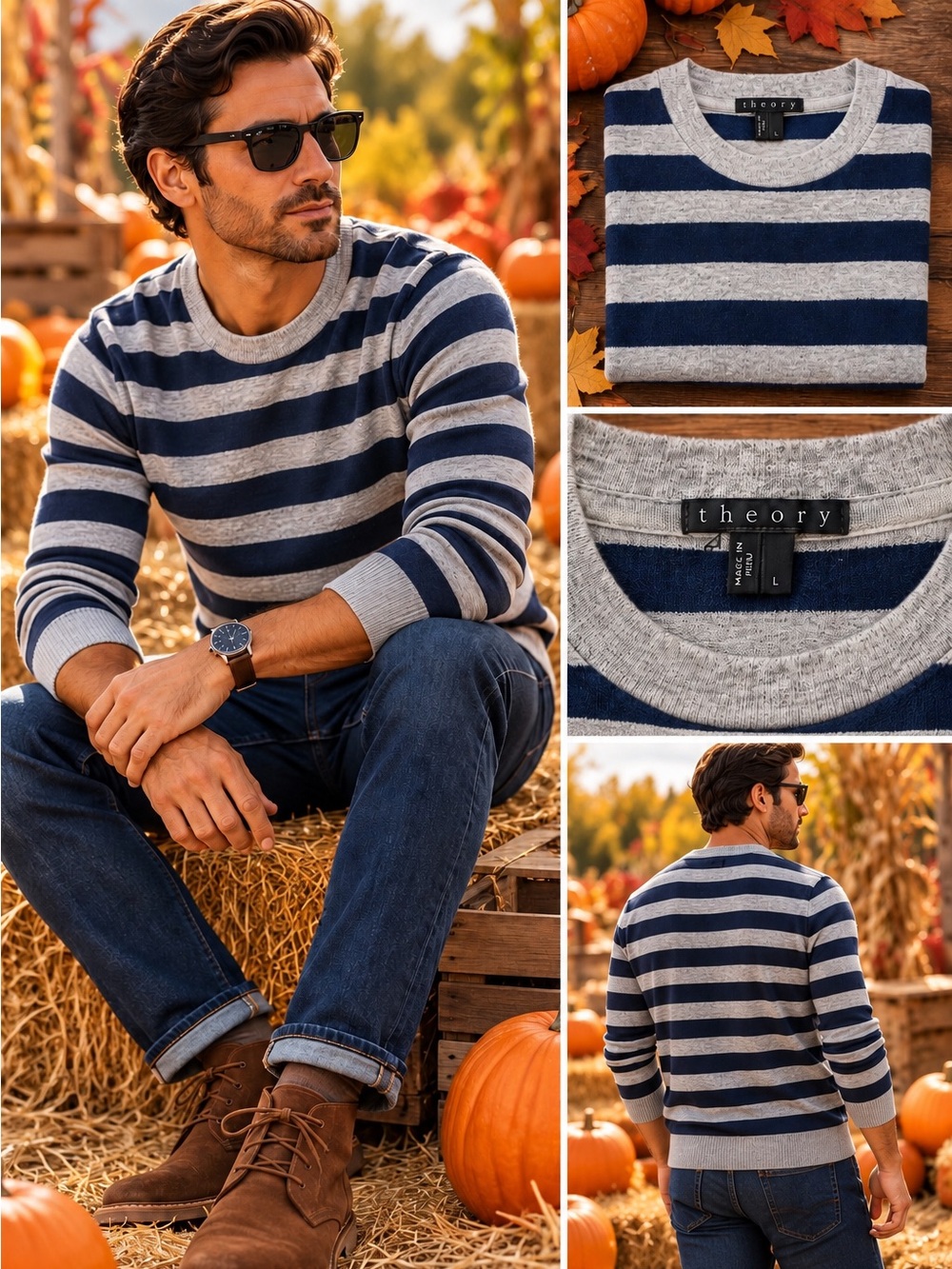 THEORY - Men's Crewneck Sweater - Navy & Gray Stripes